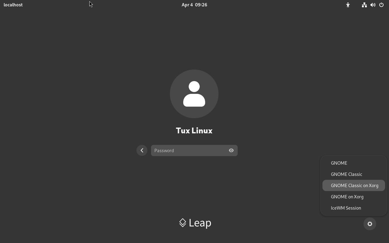 Default GNOME login screen—session type
